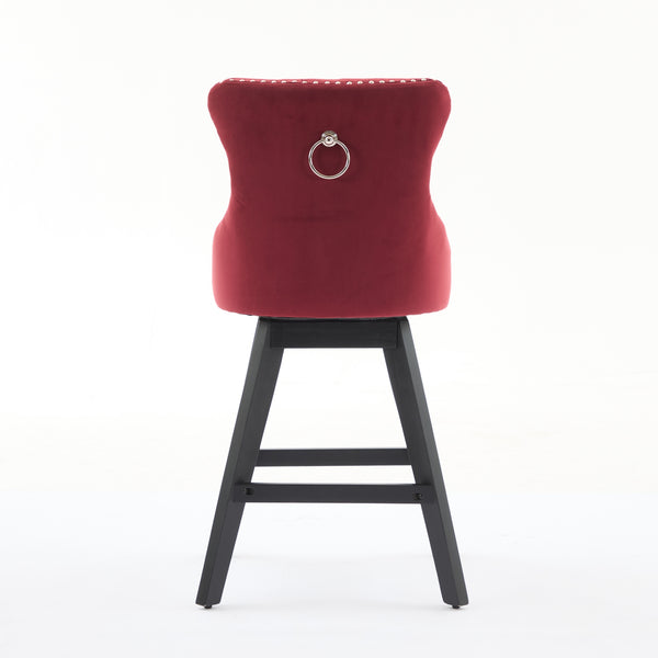 English Elm Swivel Velvet Barstools with Supportive Curved Back, Thick Foam & Spring Seat, 360° Rotation, Sturdy Wooden Frame WINE RED W1143P369088
