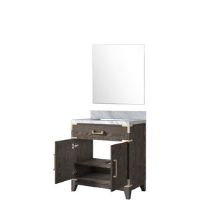 English Elm Brown Oak Single Bath Vanity With Carrara Marble Top & Matching Mirror - Elegant Storage Solution B2731S01453