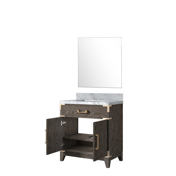 English Elm Brown Oak Single Bath Vanity With Carrara Marble Top & Matching Mirror - Elegant Storage Solution B2731S01453