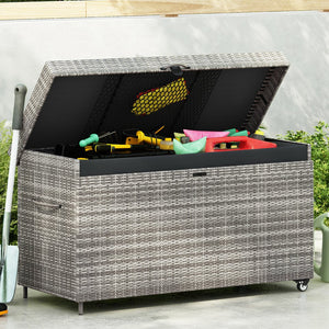 English Elm K&K 200 Gallon Wicker Deck Box with Lockable Lid, Hydraulic Pistons, Wheels, Weatherproof Storage Grey N707P245457G