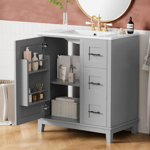 English Elm 30-inch Modern Bathroom Vanity with Ceramic Basin, Rubberwood Frame, Soft-Close Drawers & Organized Storage Grey N729P290689E