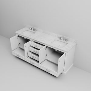 English Elm White Double Bath Vanity 80" W x 22" D with Carrara Marble Top, Soft-Close Drawers & Chrome Faucet Set B2731P258396