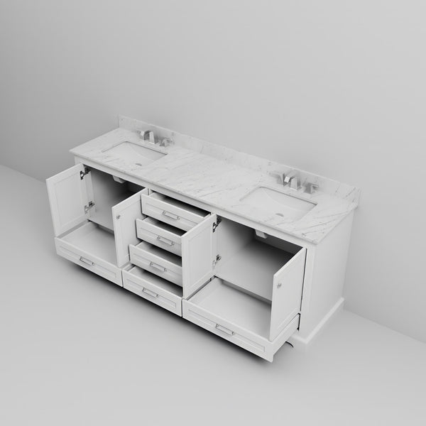 English Elm White Double Bath Vanity 80" W x 22" D with Carrara Marble Top, Soft-Close Drawers & Chrome Faucet Set B2731P258396