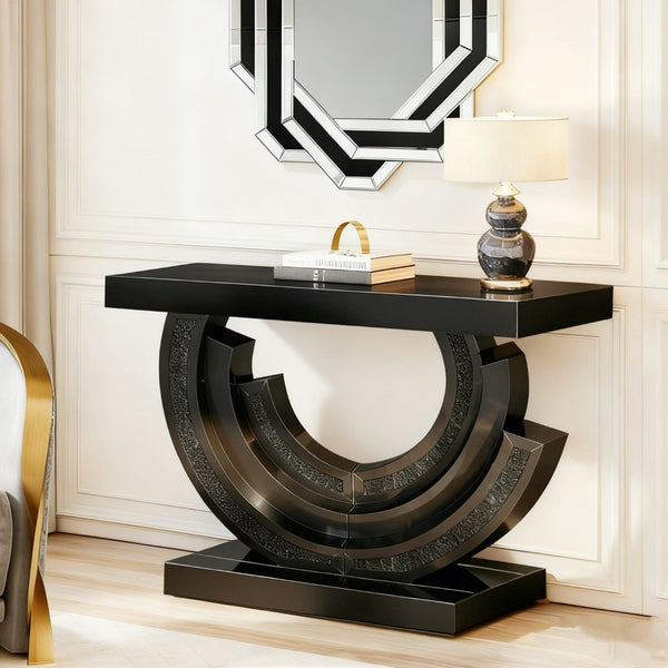 English Elm Mirrored Console Table with Diamond Inlay Double O Base Glam Entryway Accent Black W3836P420833
