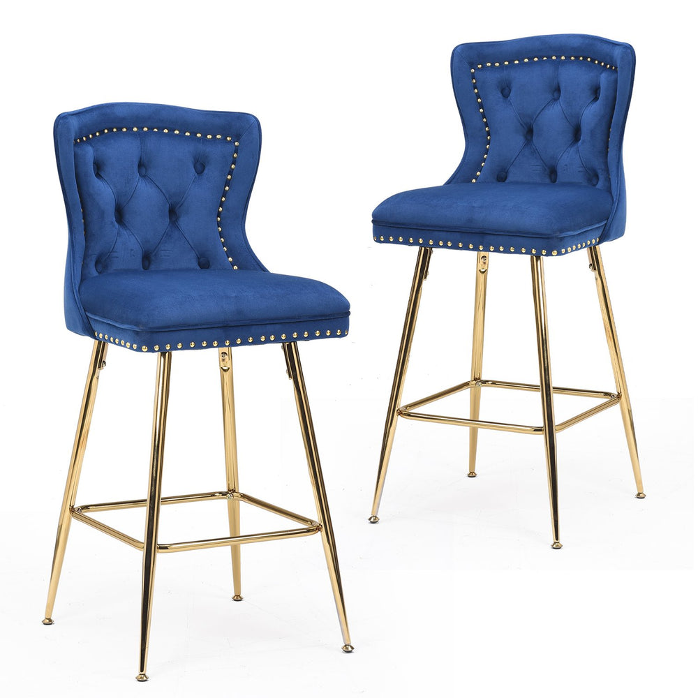English Elm Bar Stools Set Of 2, Luxurious Velvet Wing-Back Chairs With Gold Metal Legs For Modern Dining Spaces T3623P363068