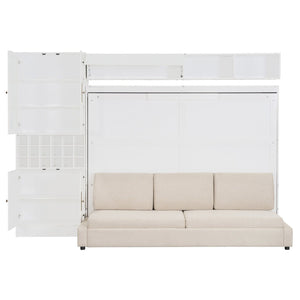 English Elm Queen Murphy Wall Bed Sofa with Open Shelving Usb Charging and Integrated Studio Lighting Gray,White LP100764AAK