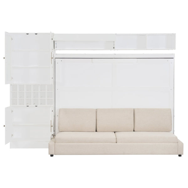 English Elm Queen Murphy Wall Bed Sofa with Open Shelving Usb Charging and Integrated Studio Lighting Gray,White LP100764AAK