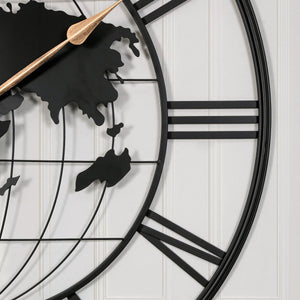 English Elm 36 Inch Large Black Metal Wall Clock – Modern World Map Design With Elegant Gold Pointers For Any Room W1445P249307