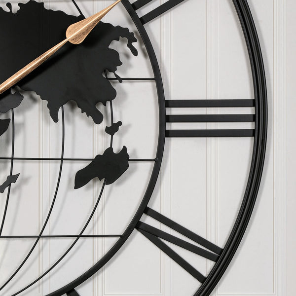 English Elm 36 Inch Large Black Metal Wall Clock – Modern World Map Design With Elegant Gold Pointers For Any Room W1445P249307