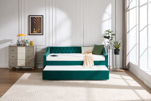 English Elm Twin Velvet Daybed with Pull Out Trundle Tufted Back Usb Port and Side Pockets Emerald W1361S00038