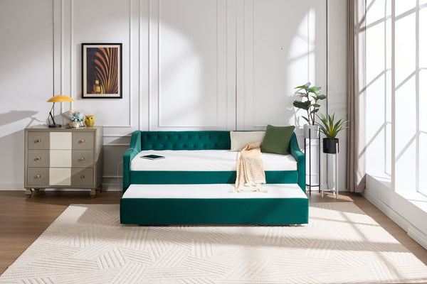 English Elm Twin Velvet Daybed with Pull Out Trundle Tufted Back Usb Port and Side Pockets Emerald W1361S00038