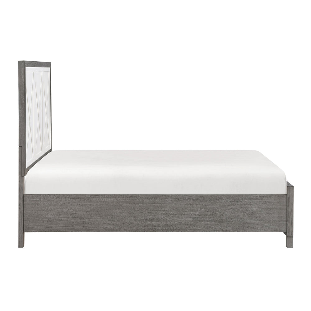 English Elm Queen Platform Bed with Footboard Storage, Ivory & Gray Finish, 2 Drawers, Modern Sturdy Frame B011S01673