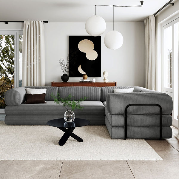 English Elm U_style Modular Corduroy Sectional Sofa Converts to Guest Bed for Apartment Living Grey WY000463AAE