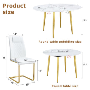 English Elm Table and Chair Set Extendable Mdf Round Oval Dining with Gold Arched Legs White+Gold W1151S03950