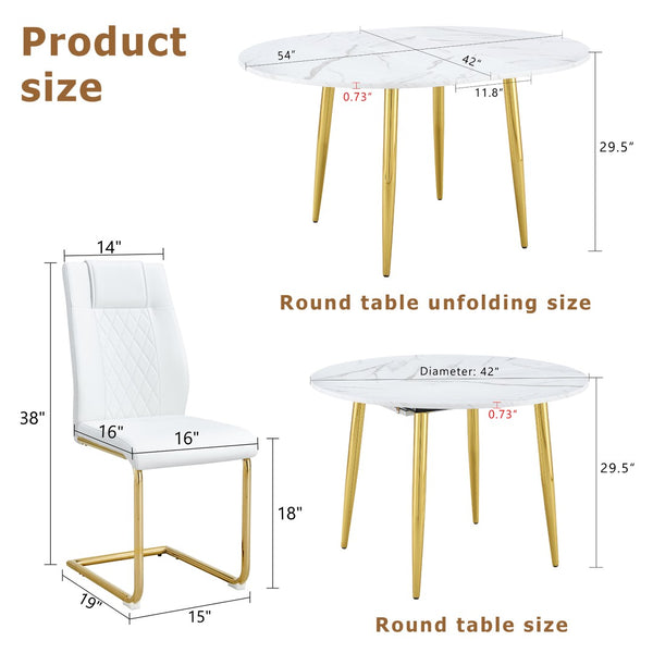 English Elm Table and Chair Set Extendable Mdf Round Oval Dining with Gold Arched Legs White+Gold W1151S03950