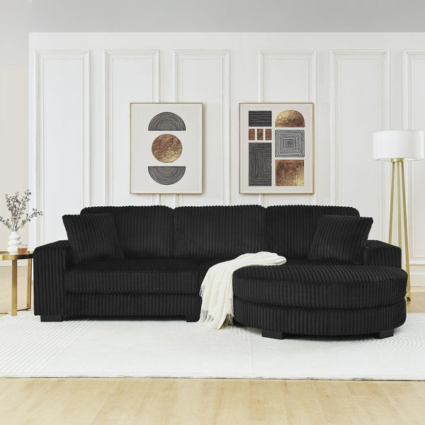 English Elm Corduroy Modular L-Shaped Convertible Sleeper Sofa With Tufted Design & Movable Footstool - Black W487S00346