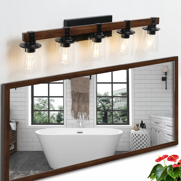 English Elm 35" Rustic 5-Light Vanity Light with Clear Glass Shades and Real Wood Accent, Industrial Farmhouse Fixture W2312P374784