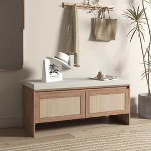 English Elm PP Rattan bench with cushion and hidden shoe storage, linen seat, dust‑protected interior, natural finish W808P316354