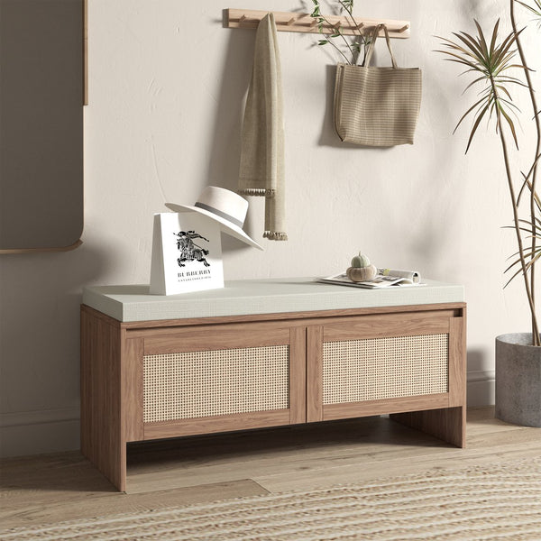 English Elm PP Rattan bench with cushion and hidden shoe storage, linen seat, dust‑protected interior, natural finish W808P316354