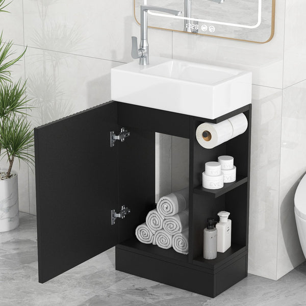 English Elm 18.6" Bathroom Vanity with Sink and Ceramic Top, MDF Cabinet with Door, TP Holder & Shelf Black N725P212181B