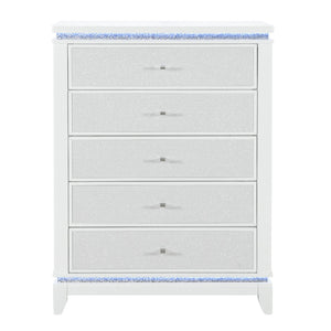 English Elm ADALID Glittered 5-Drawer Chest with LED Lighting, Solid Wood Build, Knob Hardware, Tapered Legs White 39.96 L x 21.46 W x 52.17 H B201P288332