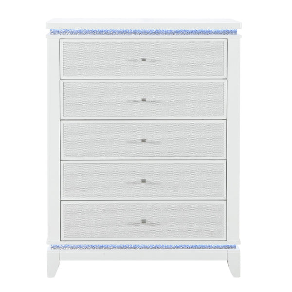 English Elm ADALID Glittered 5-Drawer Chest with LED Lighting, Solid Wood Build, Knob Hardware, Tapered Legs White 39.96 L x 21.46 W x 52.17 H B201P288332