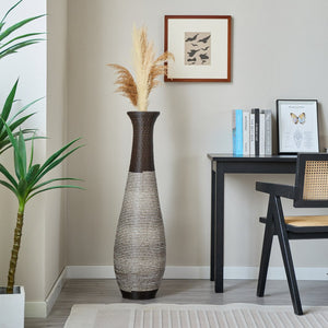 English Elm 39-Inch Tall Standing Designer Floor Vase with Brushed Gold Accents, Durable PVC Rattan Texture, Elegant Home Accent Black+ Gray W2796P193948
