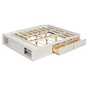 English Elm Queen Platform Bed with Four Storage Drawers Footboard Cubby Modern Low Profile Frame White LP000138AAK
