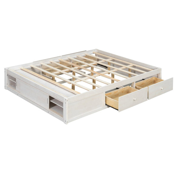 English Elm Queen Platform Bed with Four Storage Drawers Footboard Cubby Modern Low Profile Frame White LP000138AAK