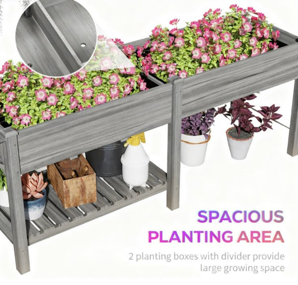 English Elm Elevated Fir Wood Raised Planter with Foldable Side Table and Bottom Storage Shelf T3971P423040
