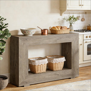 English Elm Entryway Console Table with Sculptural Stacked Wood Panels and Open Arc Base T3971P451473