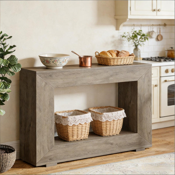 English Elm Entryway Console Table with Sculptural Stacked Wood Panels and Open Arc Base T3971P451473