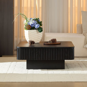 English Elm 35.43 Inch Square Lift Top Coffee Table Wood Veneer Hidden Storage Modern Living Room Black W2582P401472