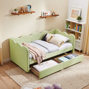 English Elm Twin Gingham Linen Daybed with Wave Silhouette Usb Port and Dual Storage Drawers Green W1413S00143