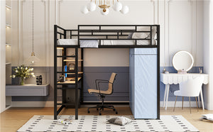 English Elm Full Loft Metal Bed with Built-In Desk, LED Strip, Power Outlet and Fabric Wardrobe for Space-Saving Living Black SF000179AAB