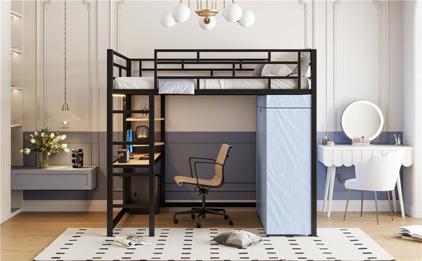 English Elm Full Loft Metal Bed with Built-In Desk, LED Strip, Power Outlet and Fabric Wardrobe for Space-Saving Living Black SF000179AAB