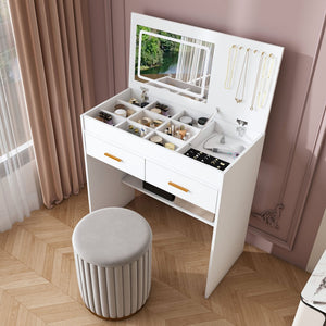 English Elm Flip Top Makeup Vanity Desk with Led Mirror Built-in Outlet and Jewelry Hooks W2699P404630