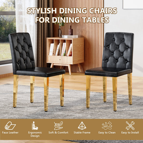 English Elm 4-pack PU dining chairs with ergonomic buckle backrest, gold metal legs, high-density sponge comfort Black+Gold W1151P295705