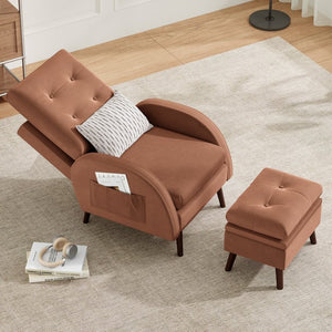 English Elm Upholstered Velvet Reclining Accent Chair with Ottoman Tufted Lounge Seating T3623P411360
