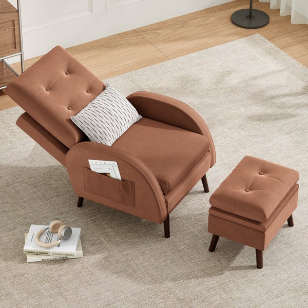 English Elm Upholstered Velvet Reclining Accent Chair with Ottoman Tufted Lounge Seating T3623P411360