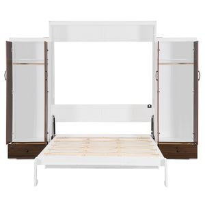 English Elm Full Size Murphy Wall Bed with Wardrobes Desk Drawers and Led Light in White LP000924AAK