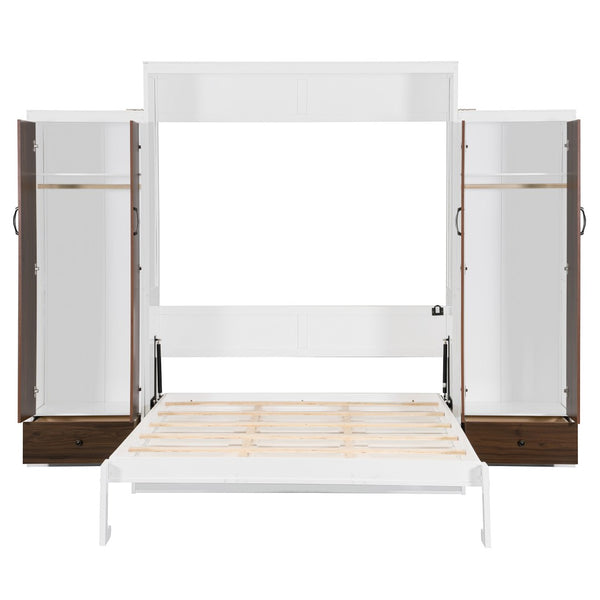 English Elm Full Size Murphy Wall Bed with Wardrobes Desk Drawers and Led Light in White LP000924AAK