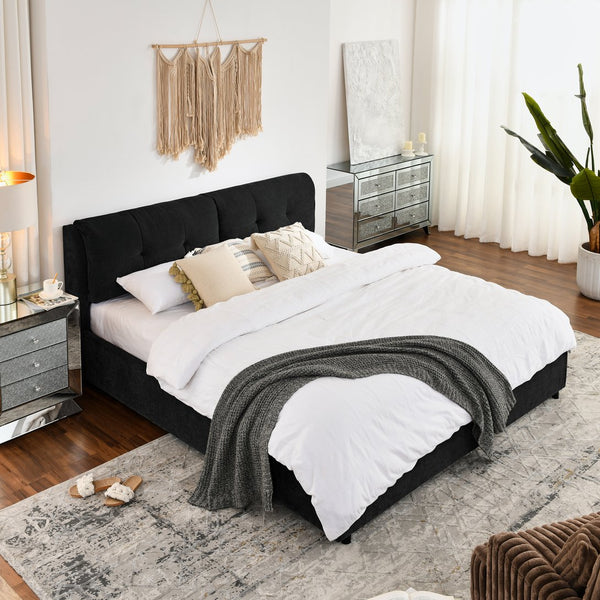 English Elm King Size Hydraulic Platform Bed With Integrated Headboard - Stylish Chenille Upholstery, Black W1413S00116