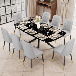 Hearth and Haven 1 Table and 8 Chairs Set.A Rectangular Dining Table with a Imitation Marble Black Table Top and Black Metal Legs.Paired with 8 Chairs with Leatherette Leather Seat Cushion and Black Metal Legs.F-1537, C-007 W1151S00971 W1151S00971