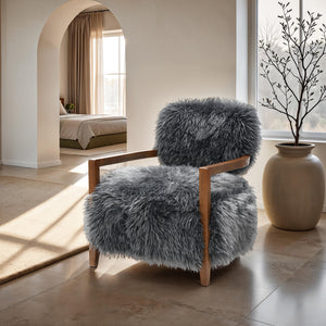 English Elm Charcoal Plush Faux Fur Accent Chair with Walnut Wood Arms — Cozy Modern Living Room Seating Charcoal grey 29 L x 30 W x 31 H B2741P401369