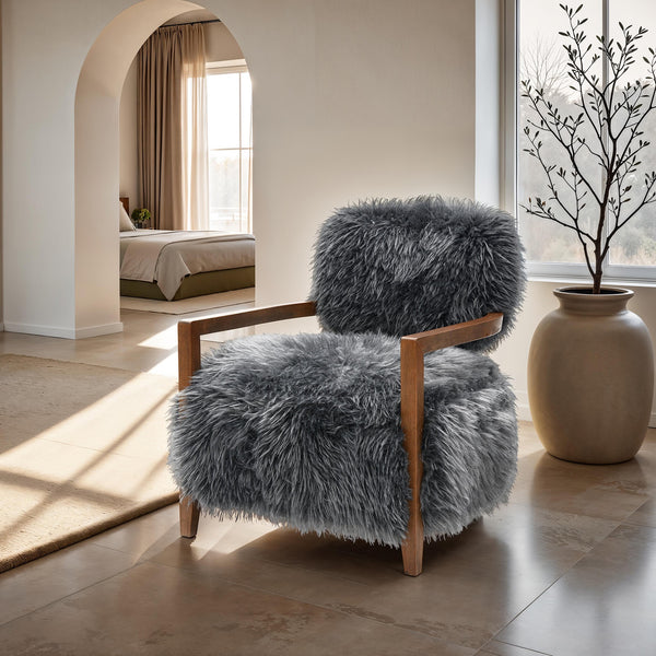 English Elm Charcoal Plush Faux Fur Accent Chair with Walnut Wood Arms — Cozy Modern Living Room Seating Charcoal grey 29 L x 30 W x 31 H B2741P401369