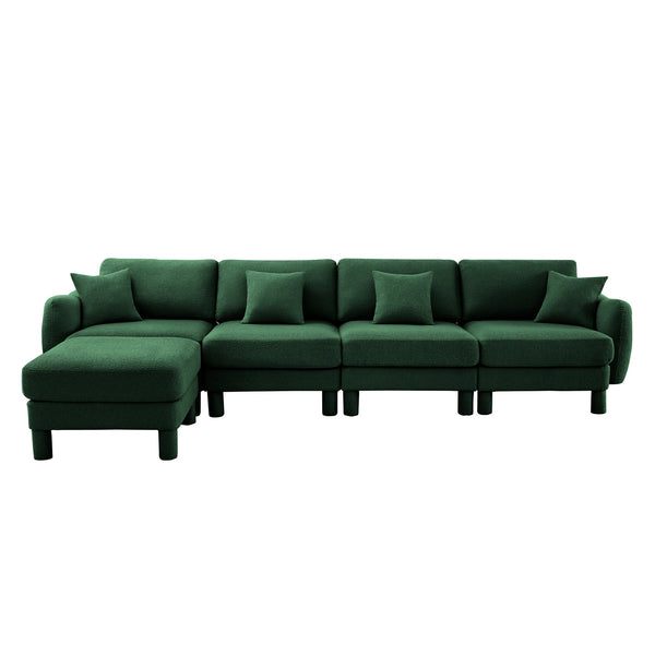 English Elm Boucle Fabric Convertible L-Shaped Sectional Sofa For 4 With Shell Armrests & Removable Ottoman, Green W3041S00312