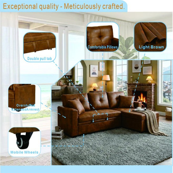 English Elm Sleeper Sectional with Pull Out Bed Storage Chaise Tufted Breathable Fabric Sofa W5568S00044