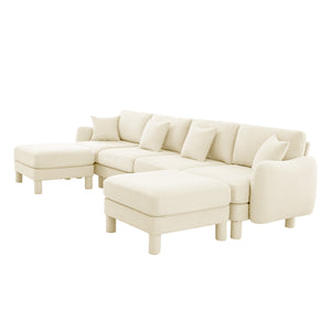 English Elm Boucle U-Shape Sectional Sofa For 4, Stylish Shell Armrests & Movable Ottomans In Beige Comfort W3041S00281