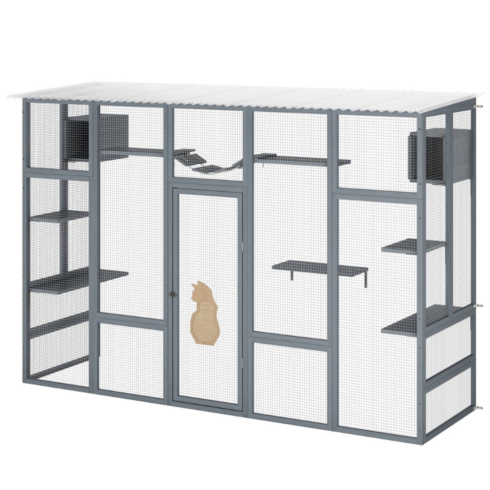 English Elm Wooden Pine Cat Enclosure with Six Platforms Two Condos Bridge and Scratching Post W2181P198549